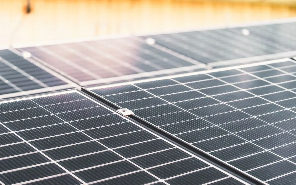 Rooftop solar panels, close.